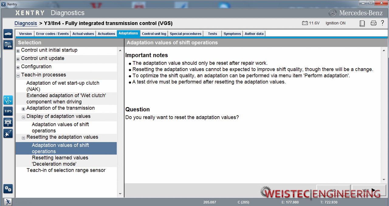 Mercedes Xentry Diagnostic Tool Program Window - Reset Adaptation Value Window