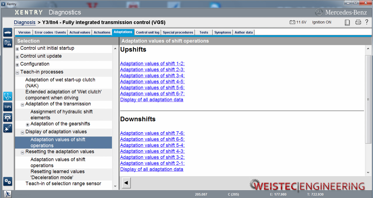 Mercedes Xentry Diagnostic Tool Program Window - Upshift Downshift adaptation