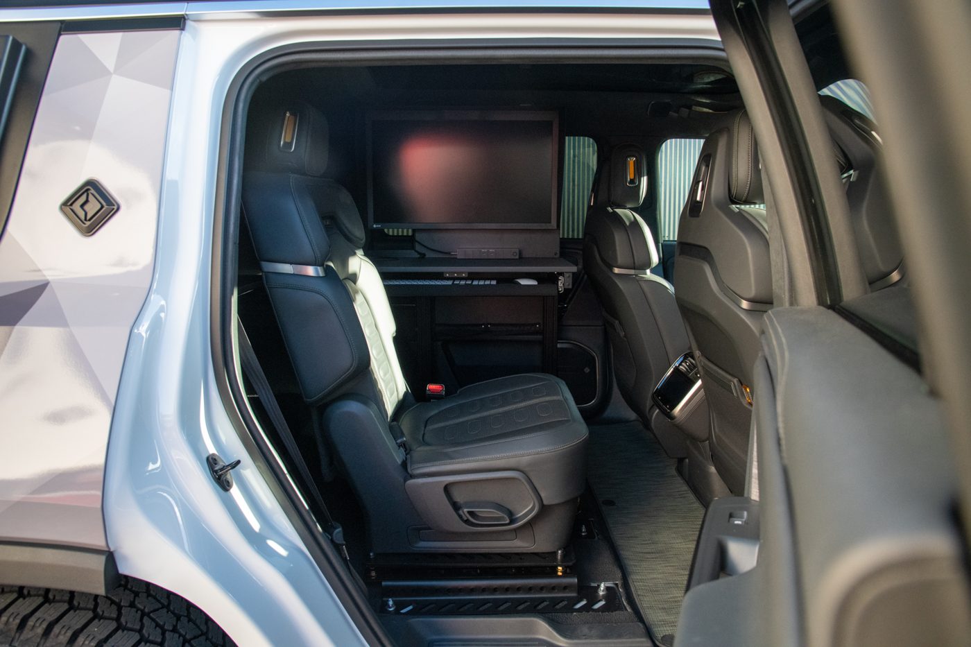 Rivian R1S rear cabin reconfigured for the DIT workstation
