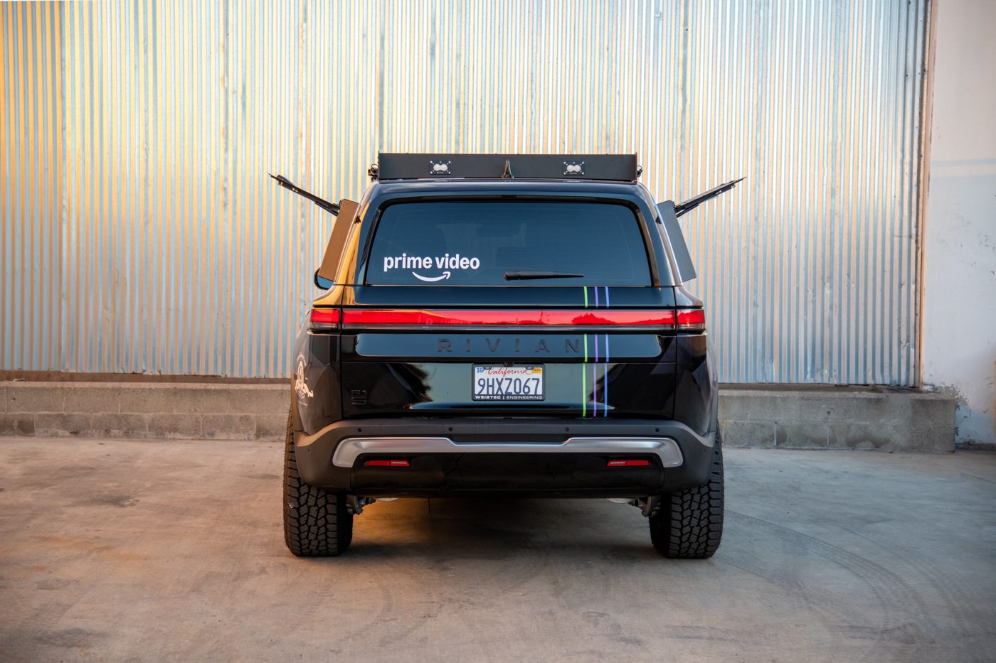 Rear view of the Amazon MGM Studios Rivian R1S with Prime Video branding