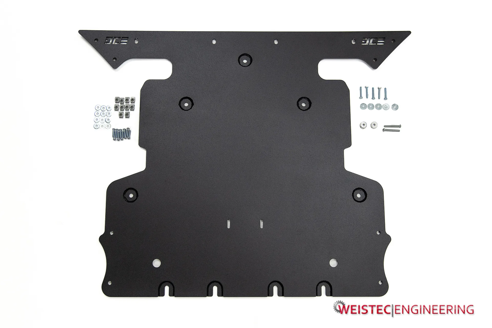 Weistec DCE Front Skid Plate for Rivian layed out with hardware