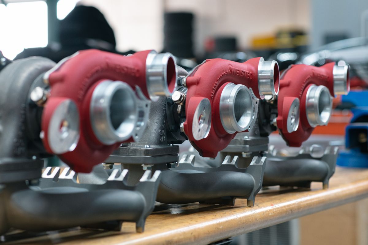 Row of finished turbochargers from a production run