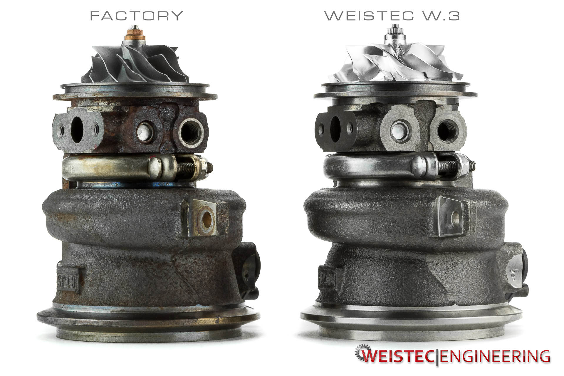 side by side comparison between the Weistec W.3 Turbo Upgrade for the Mclaren M838T engine and the factory turbo unit