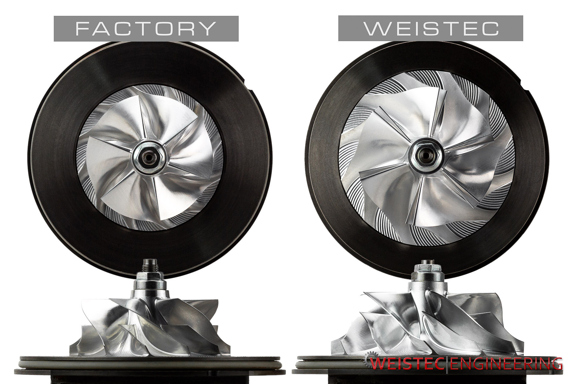 side by side comparison between the Weistec W.3 Turbo Upgrade for the McLaren M840T and the factory turbo unit