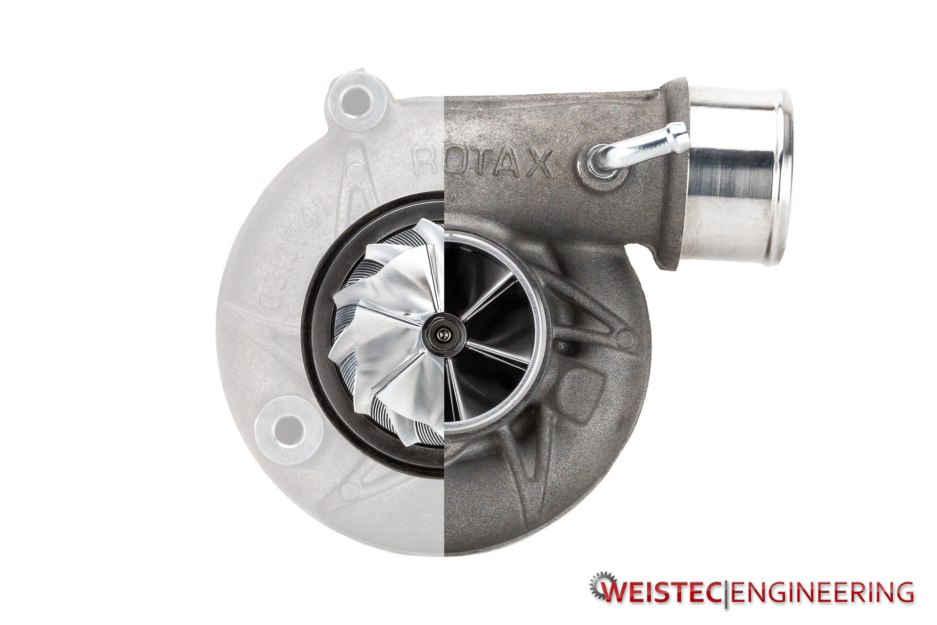 Image showing a turbo editing down it midline to compare the Weistec W.3 Turbo Upgrade for Can Am X3 and the factory turbo