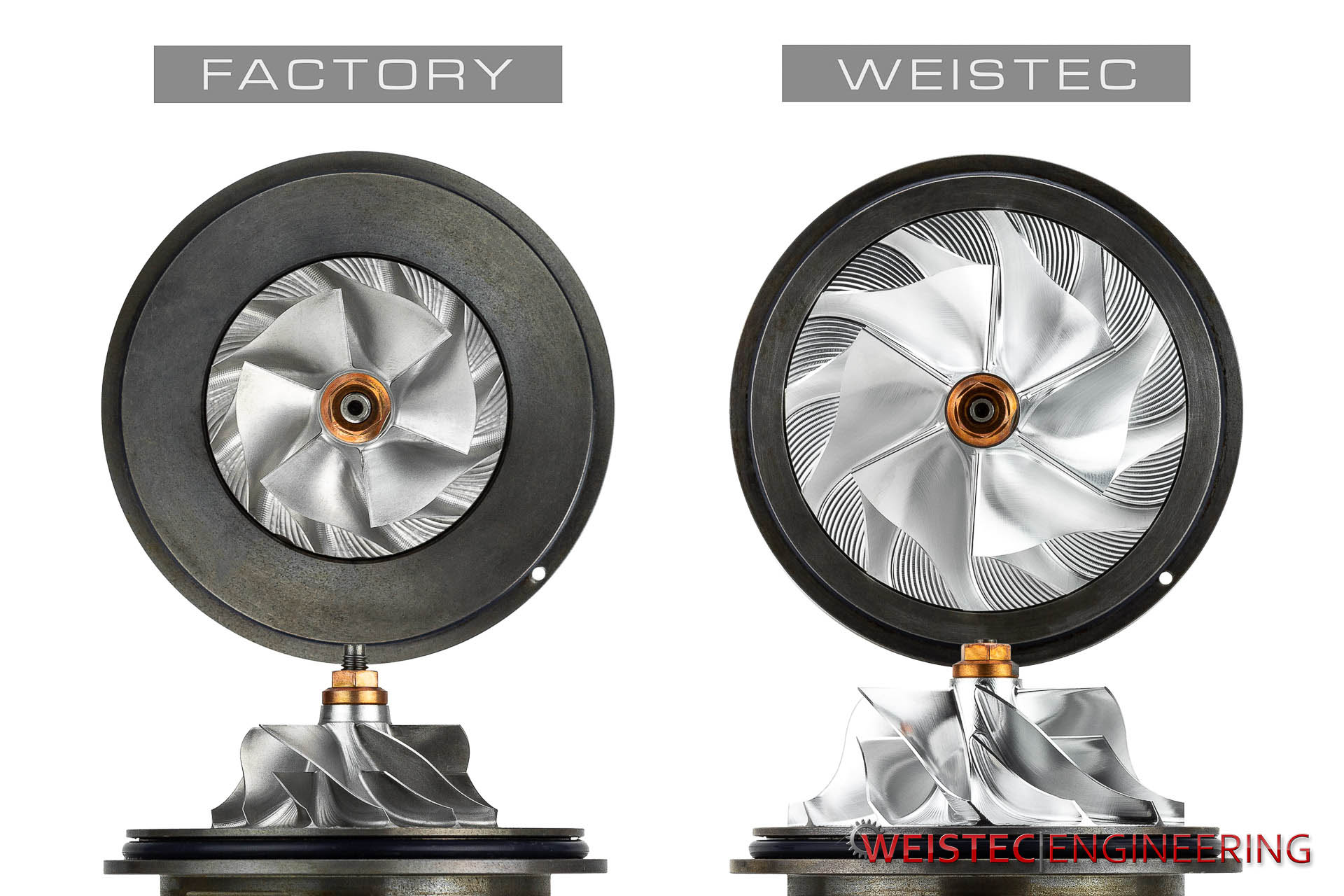 side by side comparison of the Weistec W.3 Turbo Upgrade for the BMW S55 and the factory turbo unit